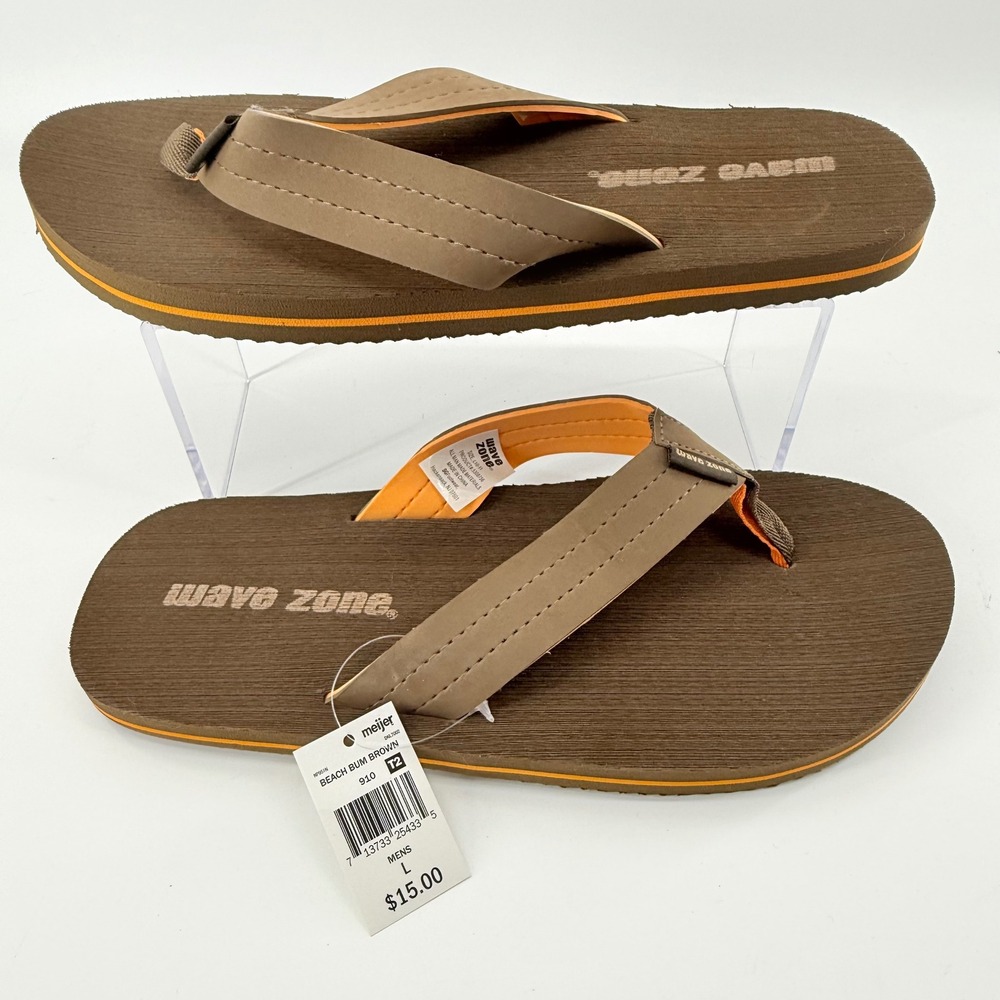 Wave Zone Mens Large 10-11 Flip Flops Brown Beach Bum Thong Sandals Summer Pool